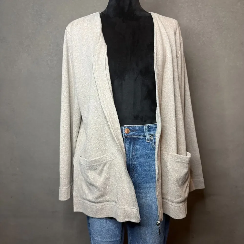 Company Ellen Tracy Zip Front Cardigan Sweater Women’s M Beige Soft Knit
